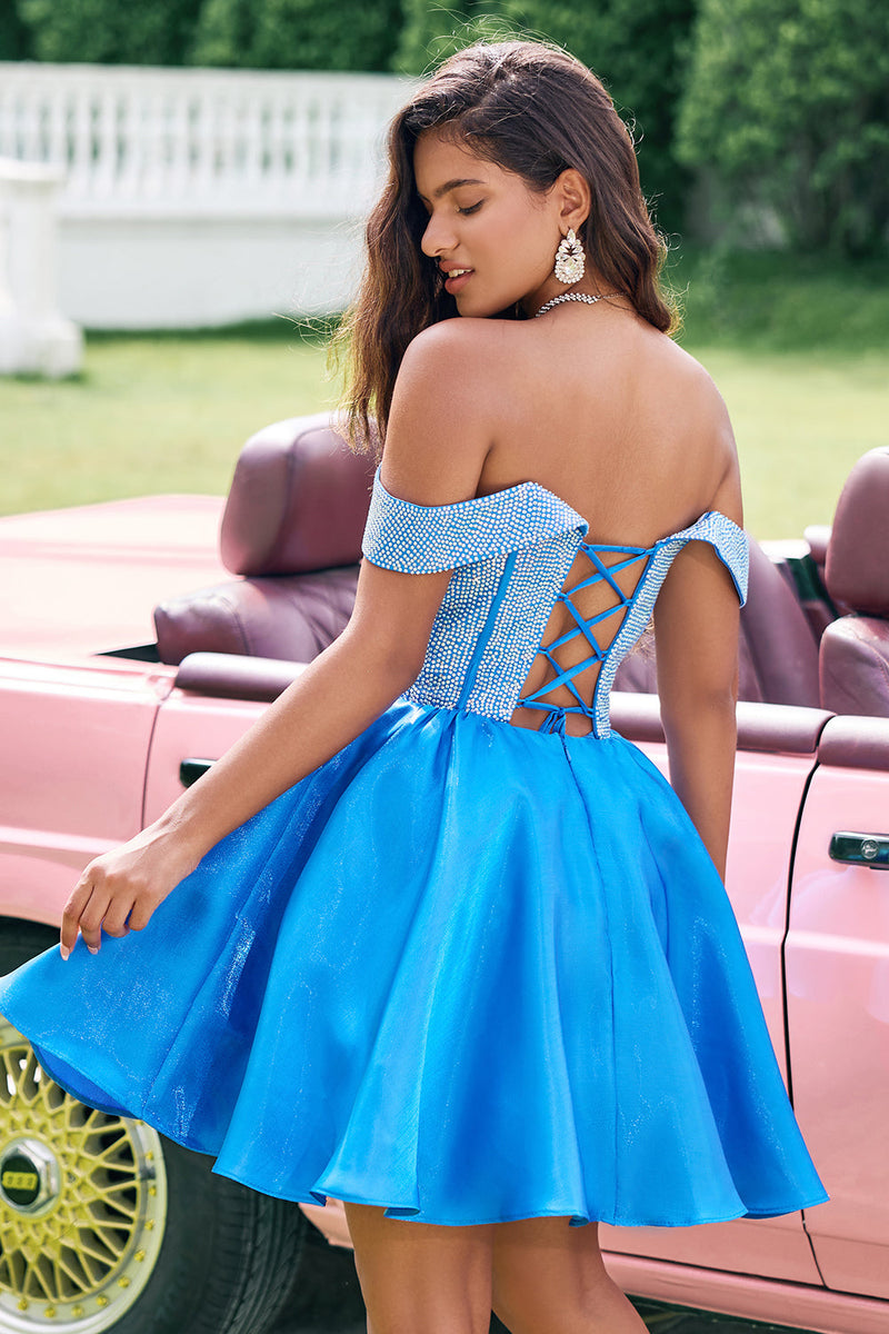 A Line Off The Shoulder Blue Beaded Homecoming Dress