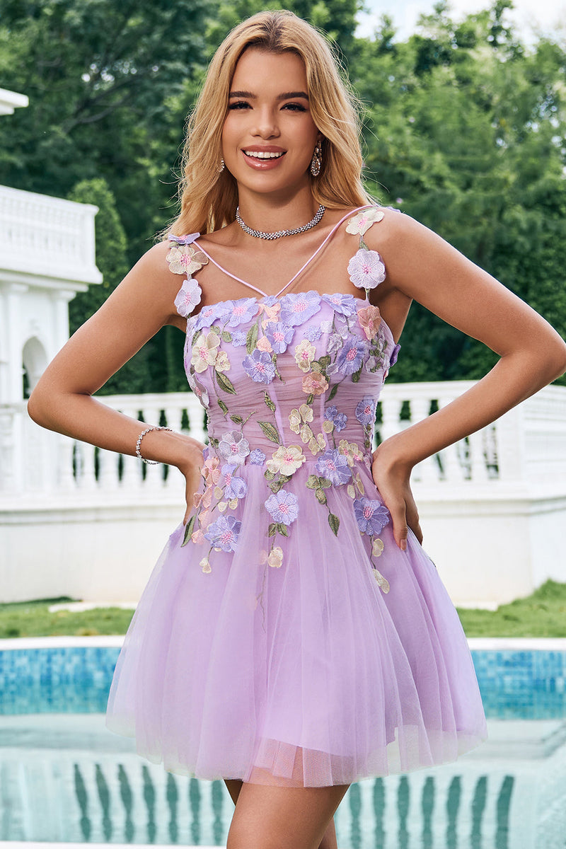 Elegant Purple A Line Halter Flowers Tulle Short Homecoming Dress with Lace Up Back