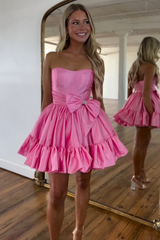 A Line Fuchsia Strapless Ruffle Short Homecoming Dress with Bow