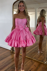 A Line Fuchsia Strapless Ruffle Short Homecoming Dress with Bow