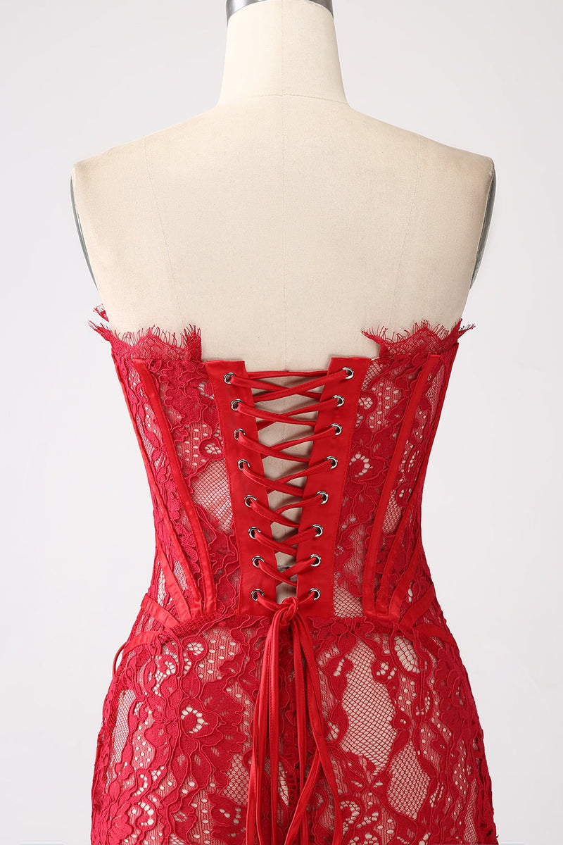 STRAPLESS LACE APPLIQUES MINI DRESS IN RED