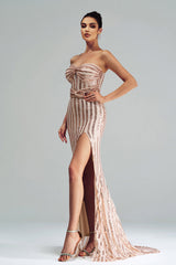 Apricot Mermaid Strapless Sequined Split maxi Dress