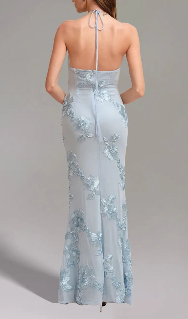 GRISELDA FLOWER HALTER EMBROIDERY MAXI DRESS