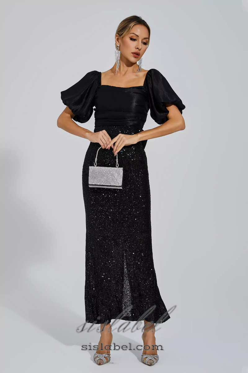 MARIA BLACK BOW SEQUINS EMBELLISHED MAXI DRESS