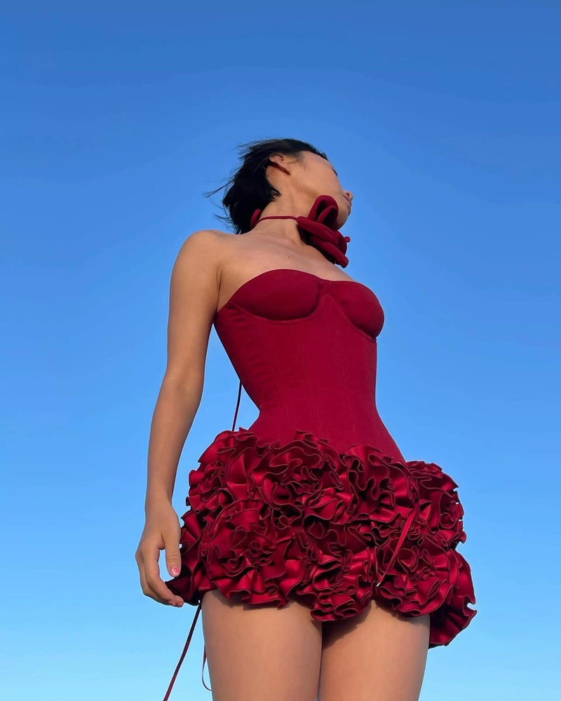 ANGELA RED FLOWER-TRIM EMBELLISHED STRAPLESS MINI DRESS