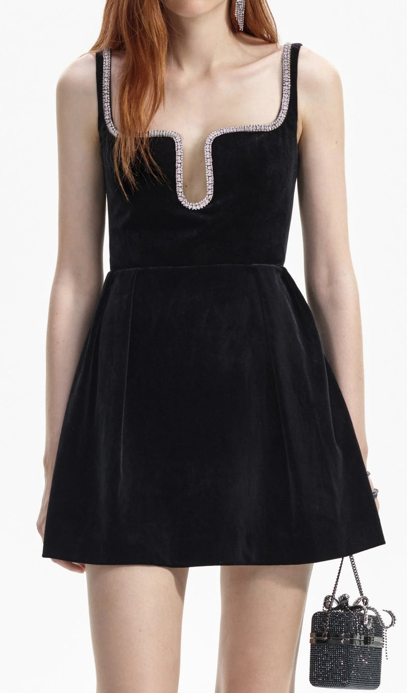 BLACK VELVET SKATER MINI DRESS