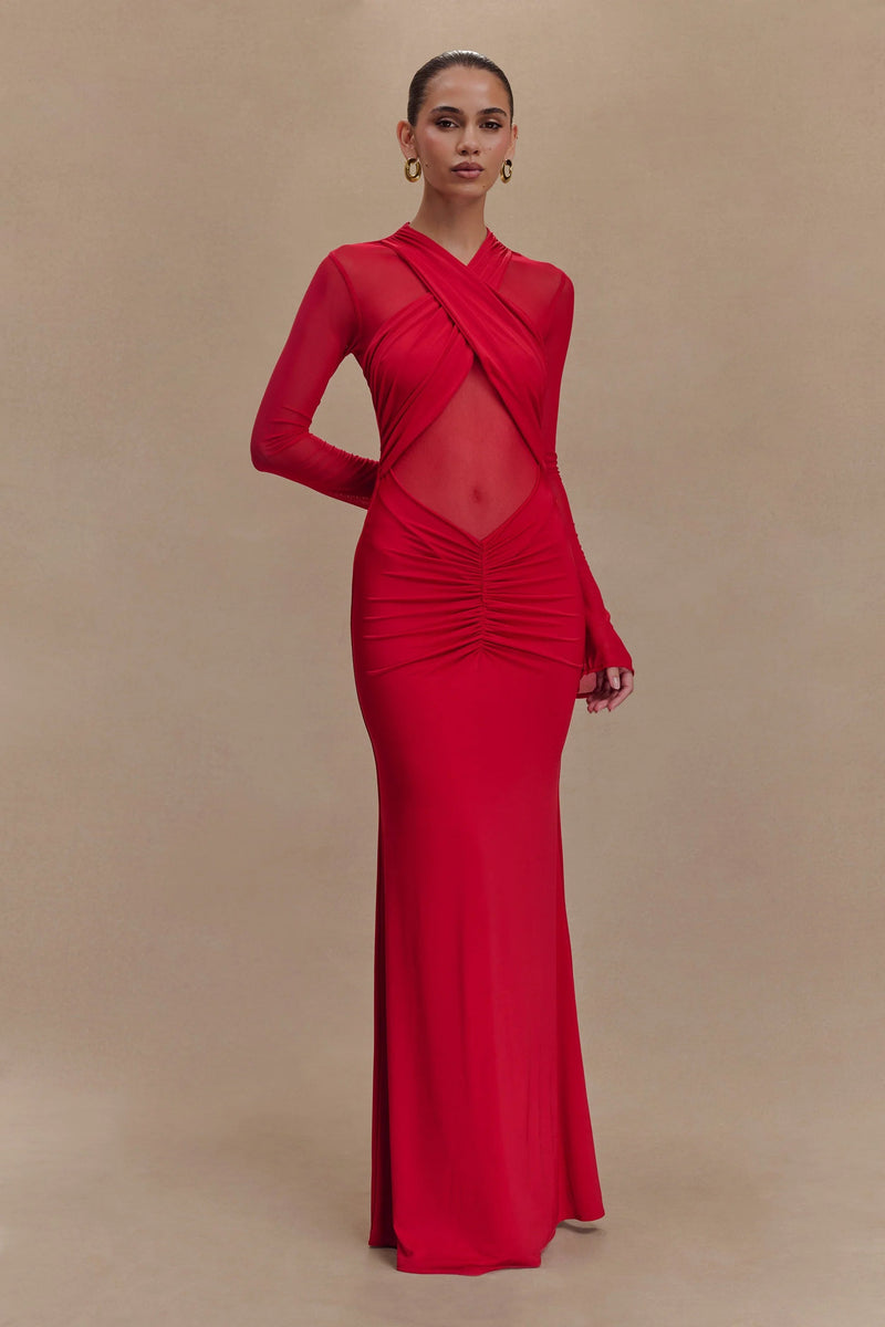 Slinky Mesh Long Sleeve Maxi Dress in Ruby