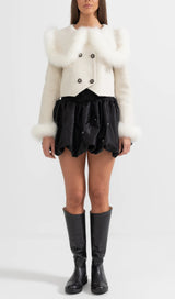 DOUBLE BREASTED CROPPED JACKET WITH FUR COLLAR EMBELLISHMENT - WHITE