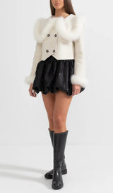 DOUBLE BREASTED CROPPED JACKET WITH FUR COLLAR EMBELLISHMENT - WHITE