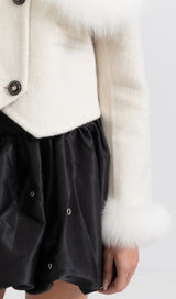 DOUBLE BREASTED CROPPED JACKET WITH FUR COLLAR EMBELLISHMENT - WHITE