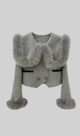 DOUBLE BREASTED CROPPED JACKET WITH FUR COLLAR EMBELLISHMENT - GRAY