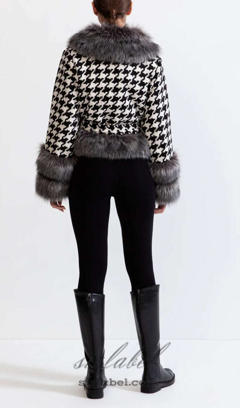 HOUNDSTOOTH WOOL BELTED COAT WITH FUR