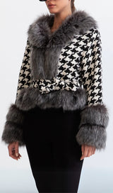 HOUNDSTOOTH WOOL BELTED COAT WITH FUR