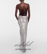 ELVIRA FLORAL-APPLIQUÉ SEQUINED MAXI SKIRT IN SLIVER