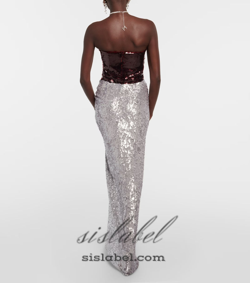 ELVIRA FLORAL-APPLIQUÉ SEQUINED MAXI SKIRT IN SLIVER