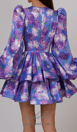 ARABELA BLUE FLORAL SATIN RUFFLE MINI DRESS