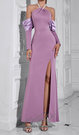 CHARLOTTE OFF-SHOULDER PEARL HALTER  MAXI DRESS IN PURPLE