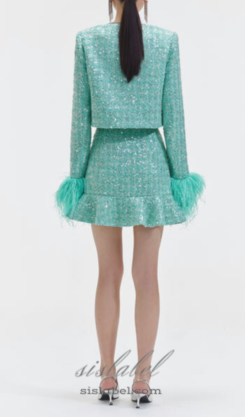 STEPHANIE BOUCLE FEATHER JACKET SUIT IN GREEN