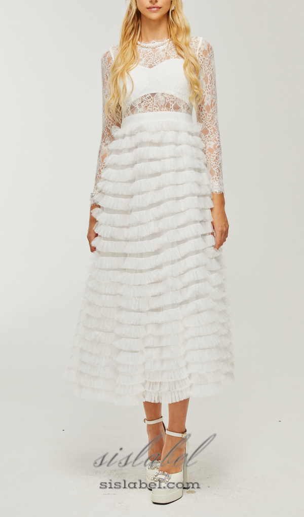 LACE LAYERED HIGH-WAISTED MIDI DRESS IN WHITE