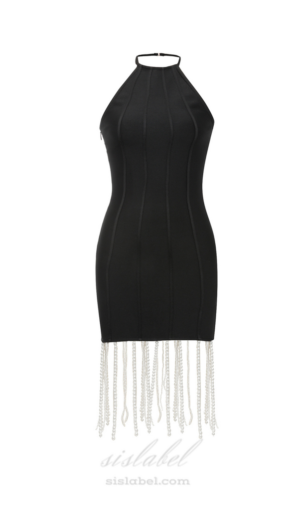 PEARL DRAPED EMBELLISHED BODYCON MINI DRESS IN BLACK