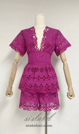 MAGGIE PURPLE LAYERED CUT OUT LACE TOP SHORTS SUIT