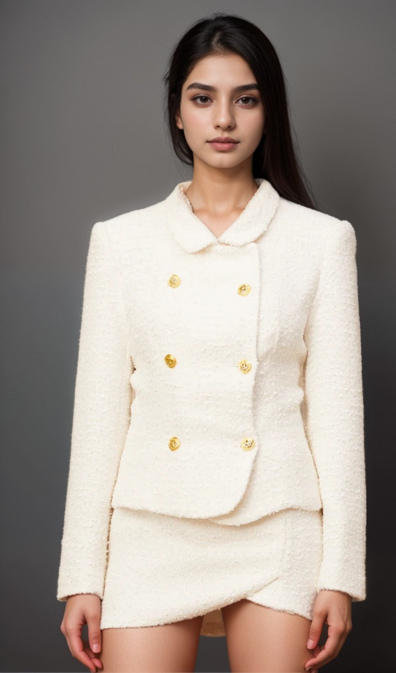 Carlotta white double-breasted tweed jacket & skirt matching set