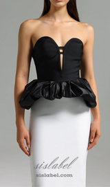 DEBORAH BLACK WHITE STRAPLESS RUFFLE BANDAGE DRESS