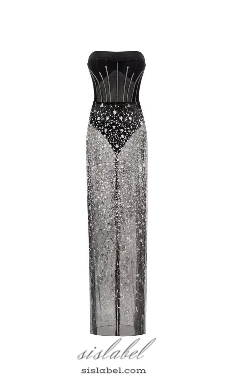 HAZEL CRYSTAL-COVERED STRAPLESS BLACK MAXI DRESS