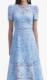 BLUE CORD LACE BOW MIDI DRESS