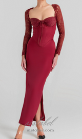 burgundy satin maxi dress with corset