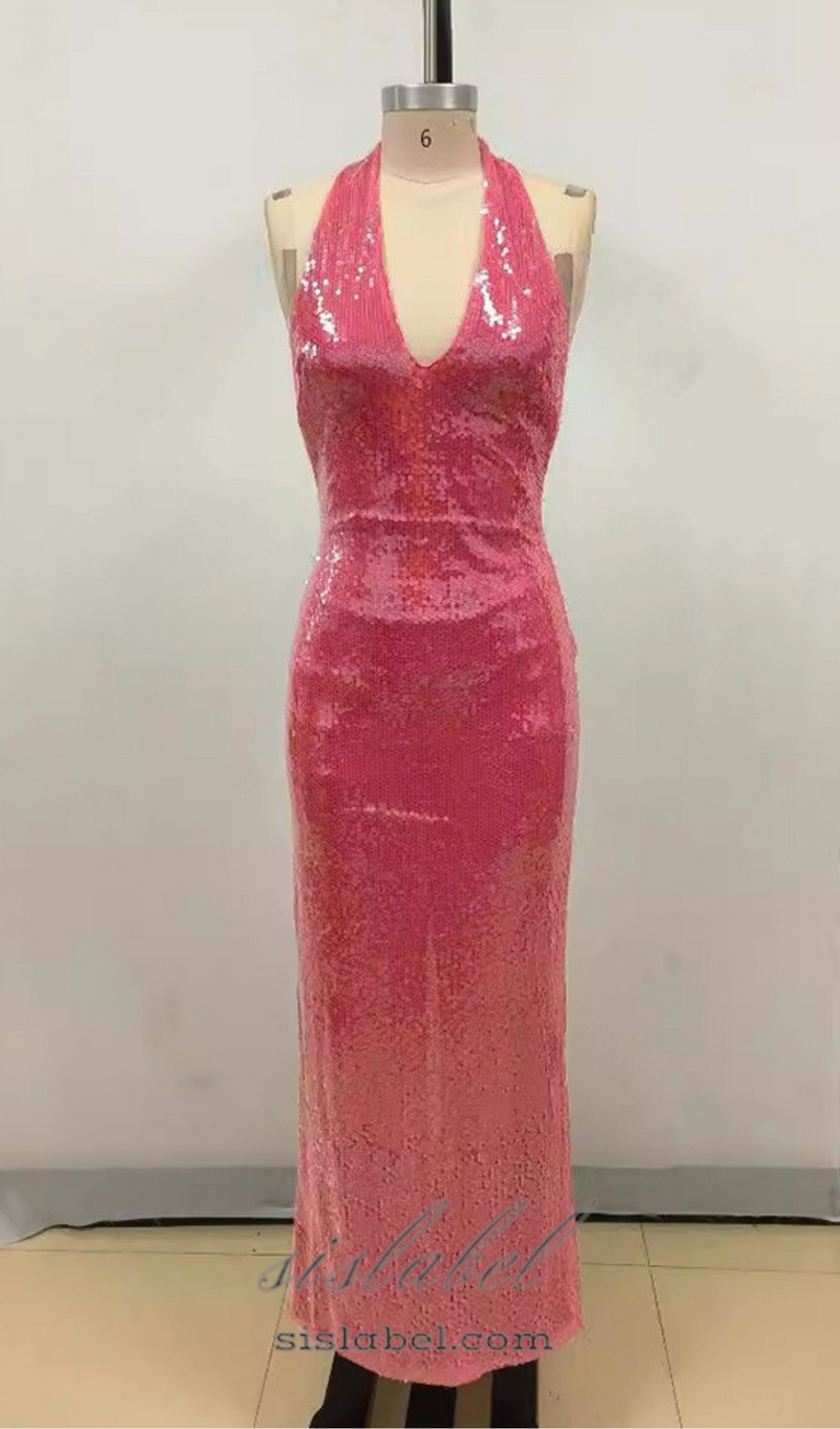 ZORA SHEER SEQUIN DEEP V NECK GOWN IN PINK RED