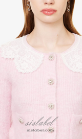 Fluffy ribbed-knit stretch-woven blend cardigan in pink