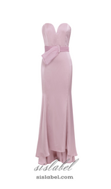 YETTA DUSTY PINK OFF-SHOULDER SLEEVELESS RUCHED GOWNS