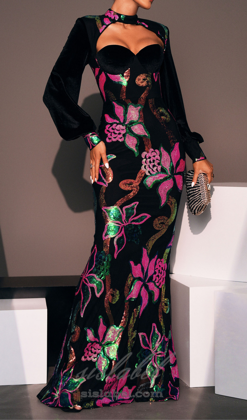 ATALANTA MULTICOLOR SEQUIN VELVET LANTERN SLEEVE MAXI DRESS