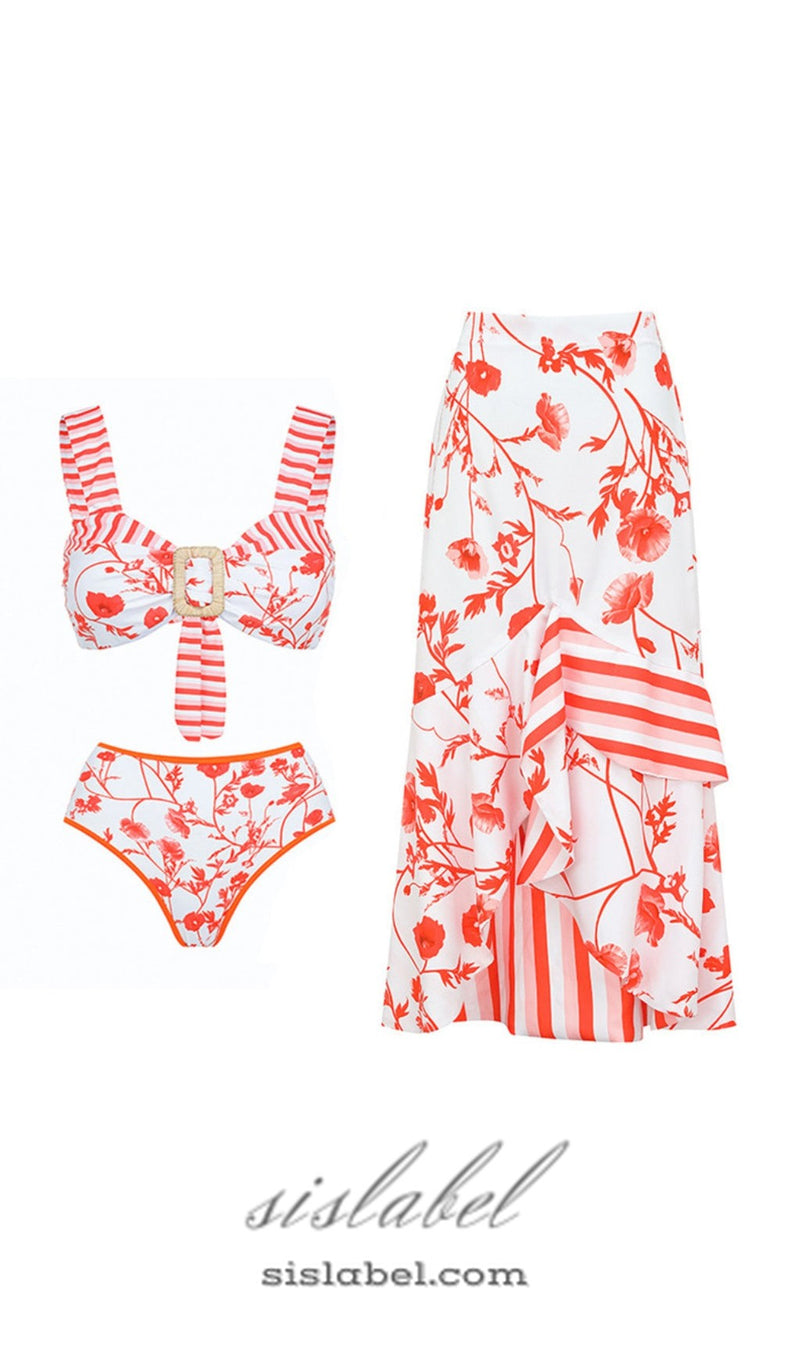 RUFFLE PRINTED SWIMSUIT AND SKIRT SET