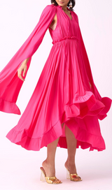 RUFFLE TRIM MAXI DRESS IN ROSE RED