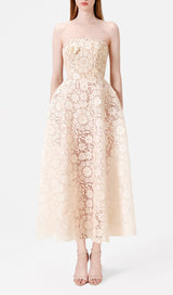 Beaded Butterflies Midi Dress In Beige