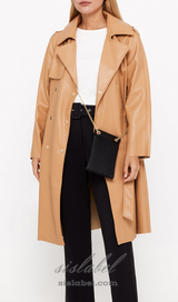 Faux leather double-breasted coat in brown yellow