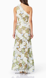 Floral One Shoulder Lace Maxi Dress in Green