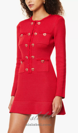 BETTY PATCH-POCKET ROUND-NECK KNITTED MINI DRESS IN RED