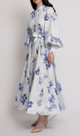 lantern sleeve floral print maxi dress in blue