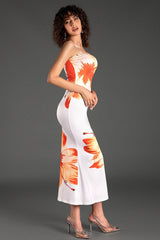 SARRIDES STRAPLESS PRINT MIDI DRESS