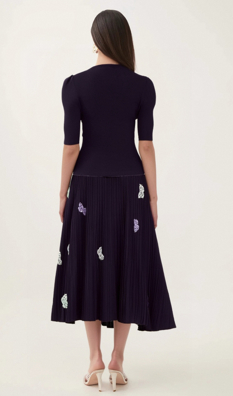 Delphine butterfly ribbed-knit top & skirt matching set