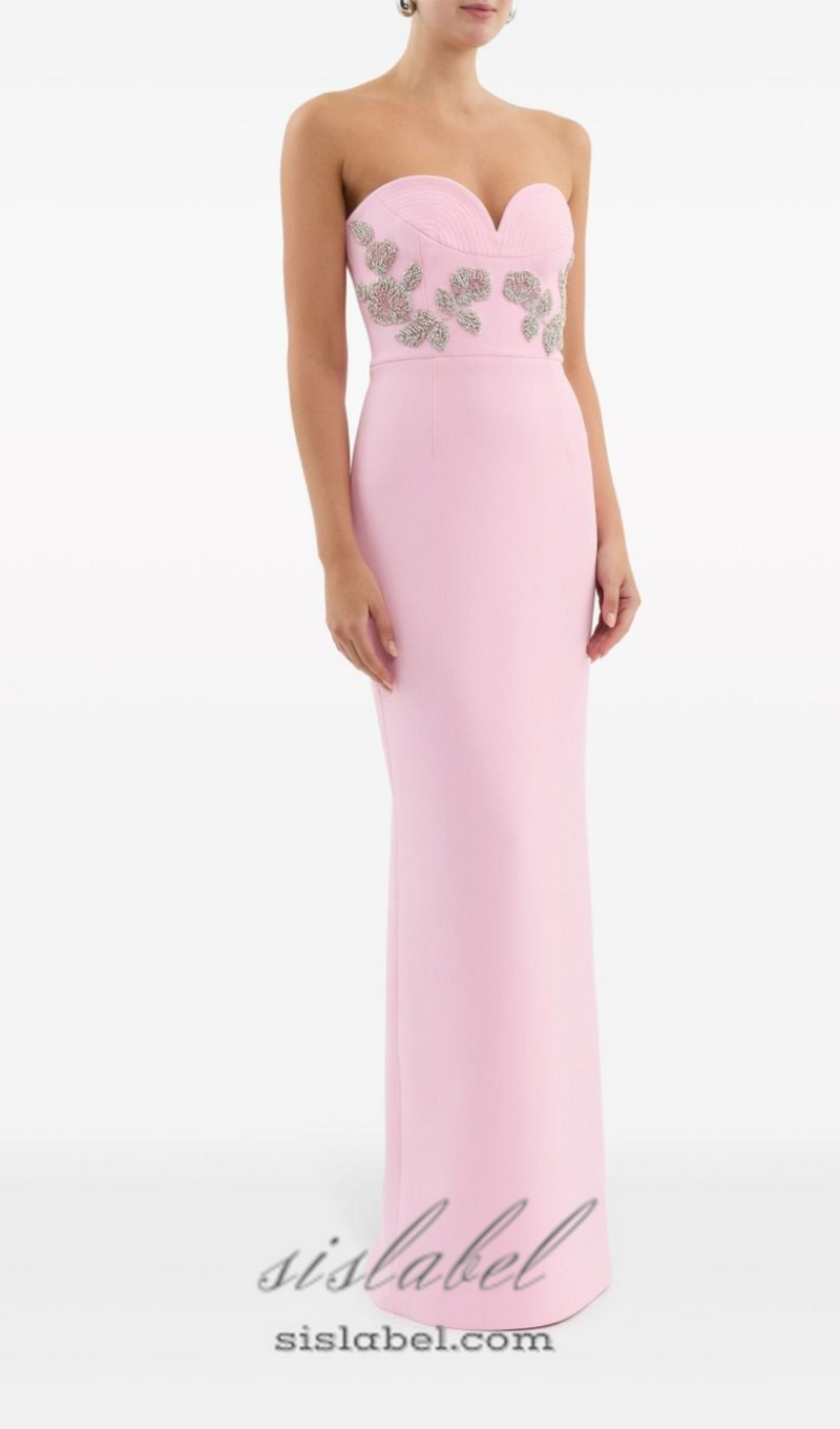 MEROY FLORAL EMBROIDERY STRAPLESS MAXI DRESS IN PINK