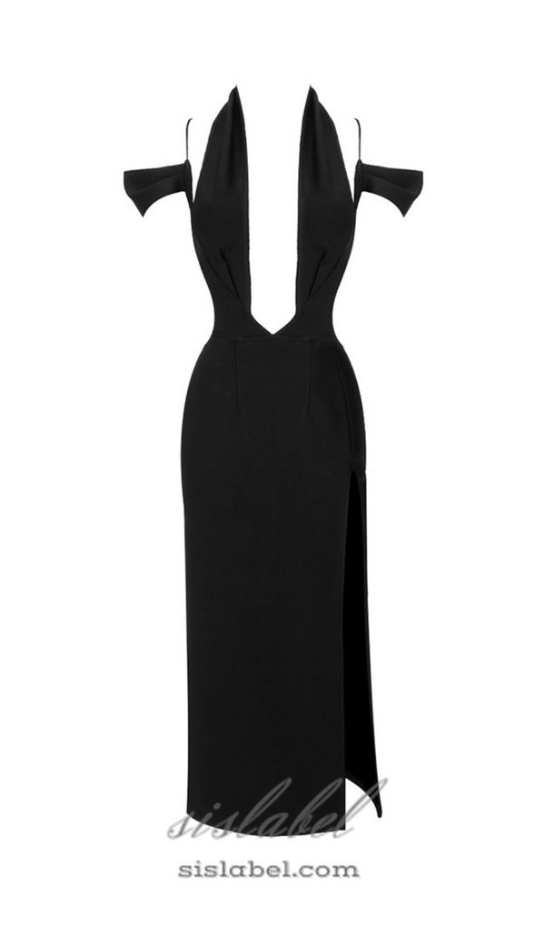 CROSS HALTER CUT OUT SLIT MIDI DRESS IN BLACK