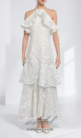 LYNN GARDENIA GUIPURE LACE RUFFLE GOWN IN WHITE