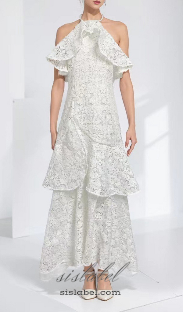 LYNN GARDENIA GUIPURE LACE RUFFLE GOWN IN WHITE