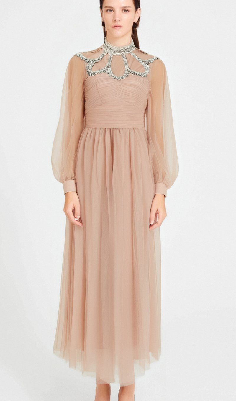 Calixte pink embellished tulle midi dress