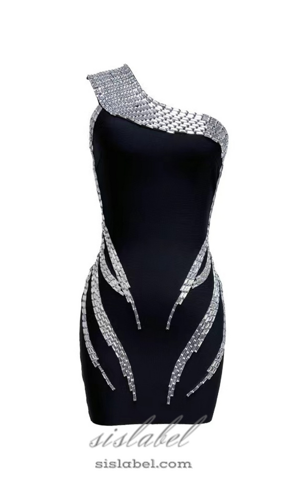 ONE SHOULDER RHINESTONE MINI DRESS IN BLACK