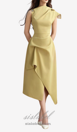 Calla Yellow Asymmetric Front Slit Twill Midi Dress